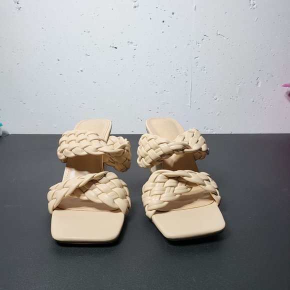 New Rilista Braided Heeled Tan Sandals Square Open Toe Chunky Block Mules 9 - Picture 5 of 11